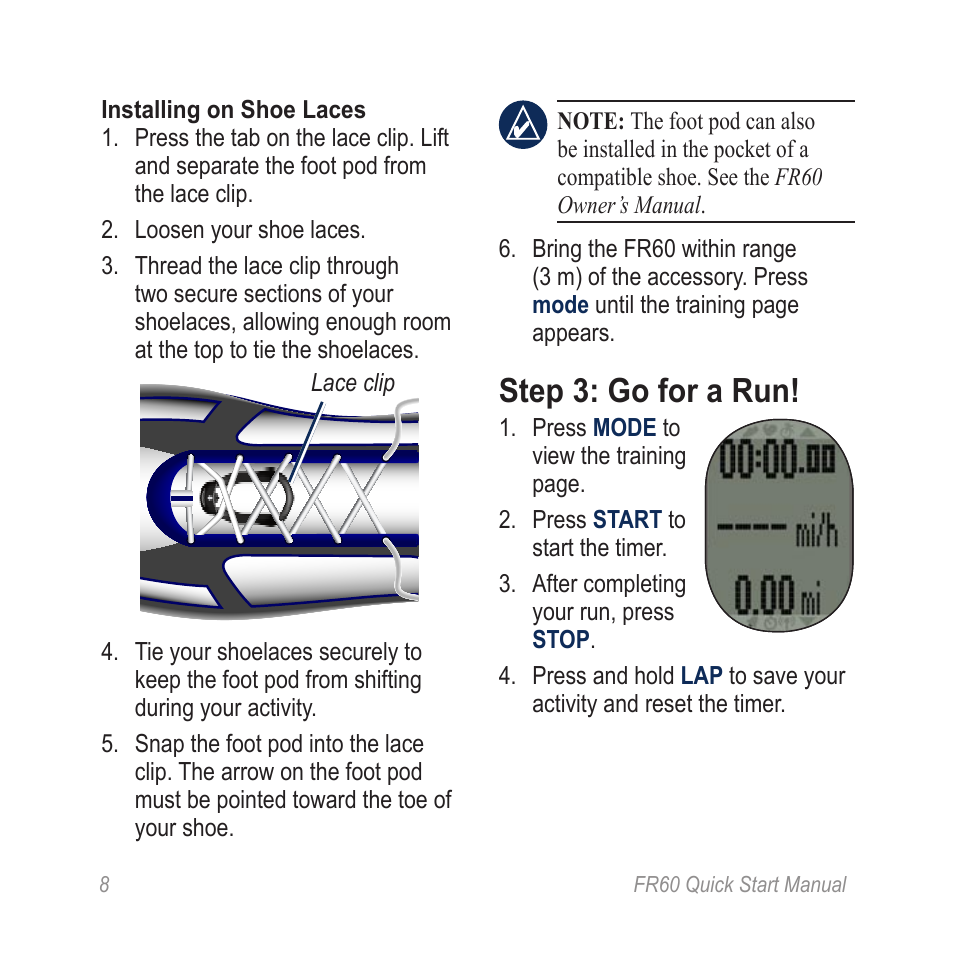 Step 3: go for a run | Garmin FR60 User Manual | Page 8 / 12