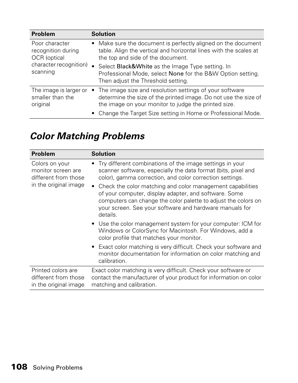 Color matching problems | Epson CX11NF User Manual | Page 108 / 144