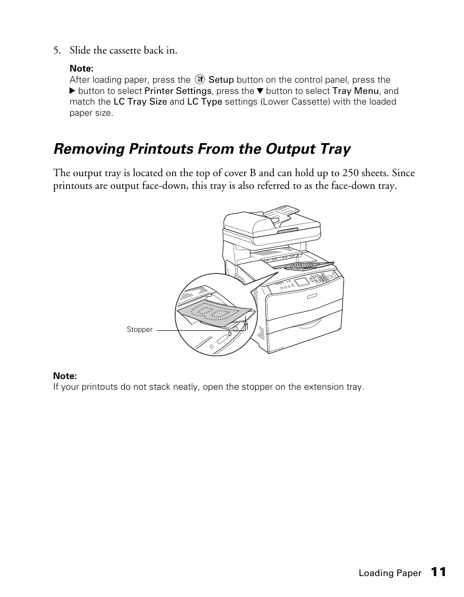 Removing printouts from the output tray | Epson CX11NF User Manual | Page 11 / 144