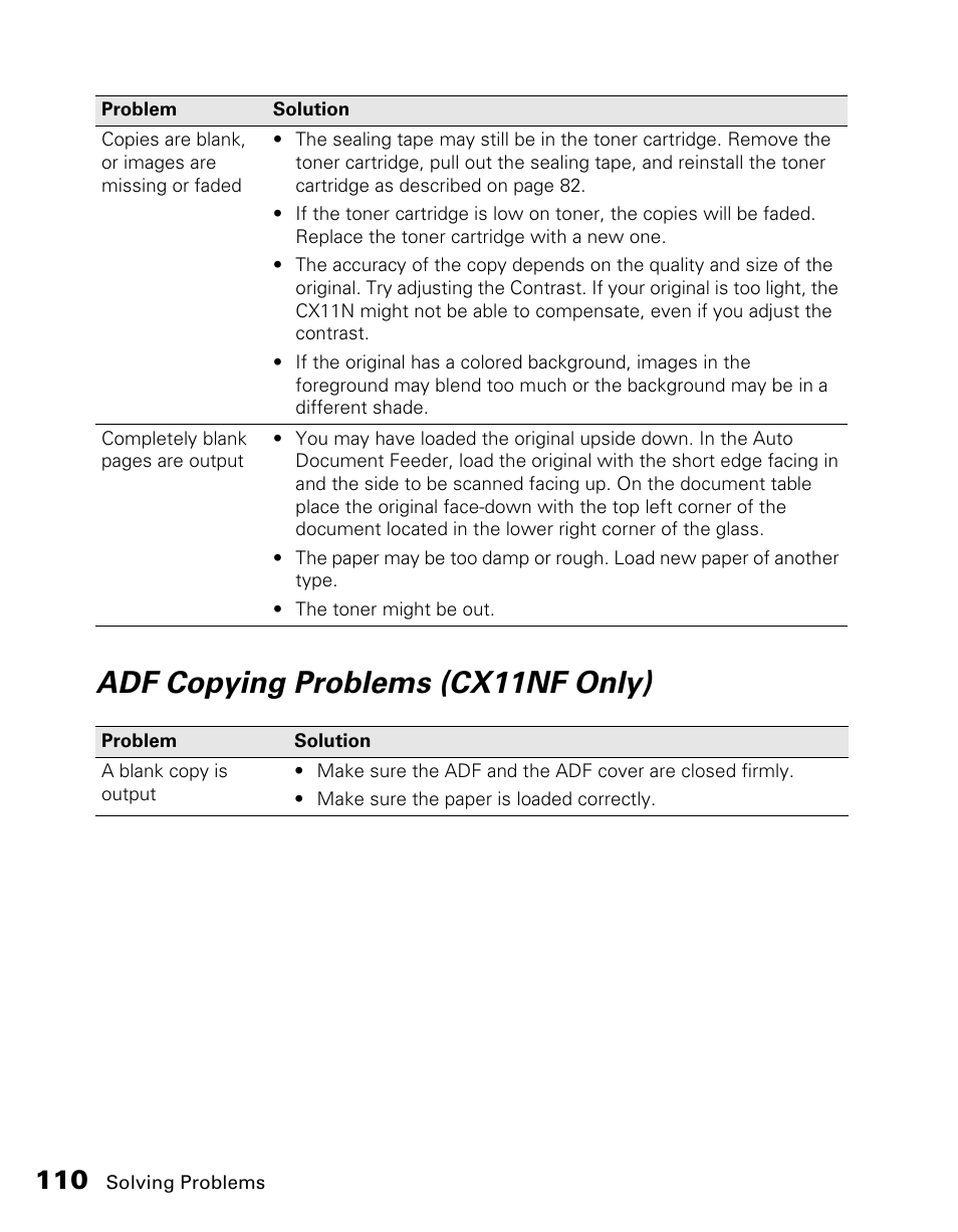 Adf copying problems (cx11nf only) | Epson CX11NF User Manual | Page 110 / 144