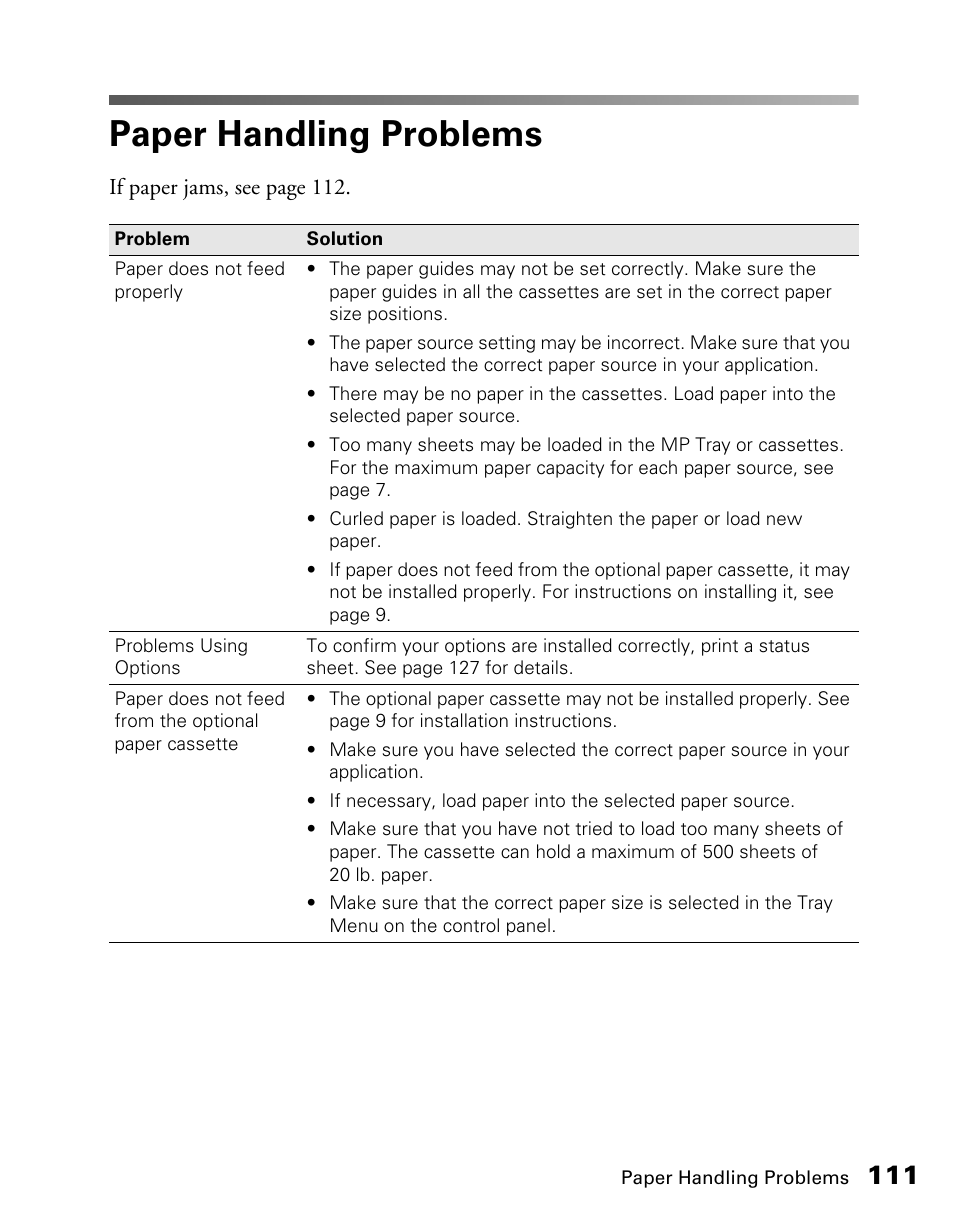 Paper handling problems | Epson CX11NF User Manual | Page 111 / 144