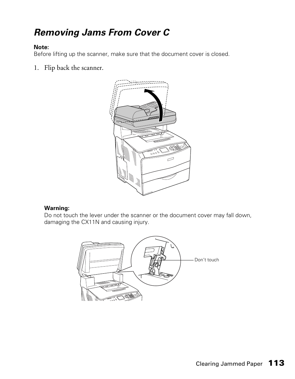 Removing jams from cover c | Epson CX11NF User Manual | Page 113 / 144