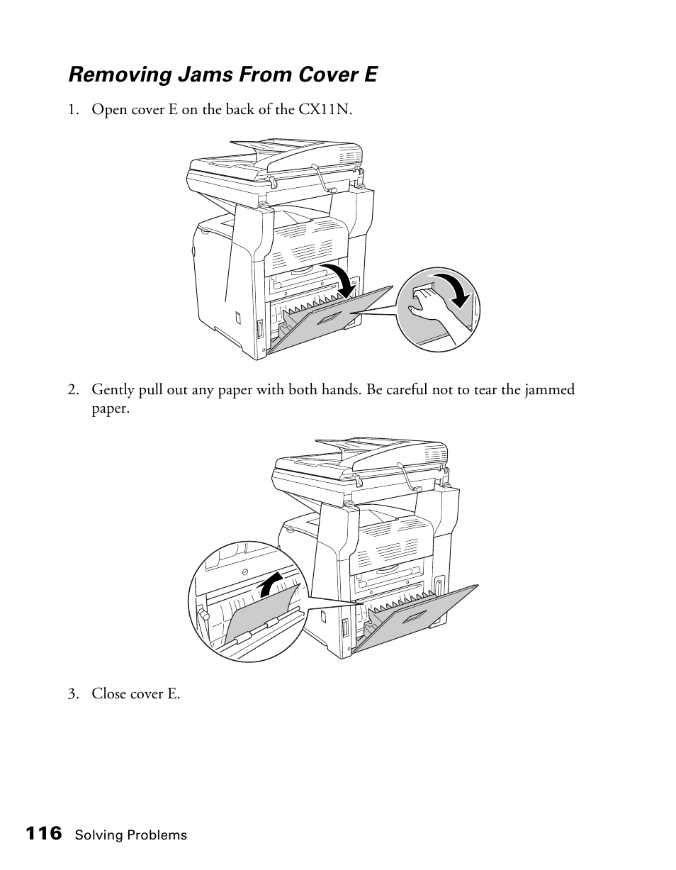 Removing jams from cover e | Epson CX11NF User Manual | Page 116 / 144