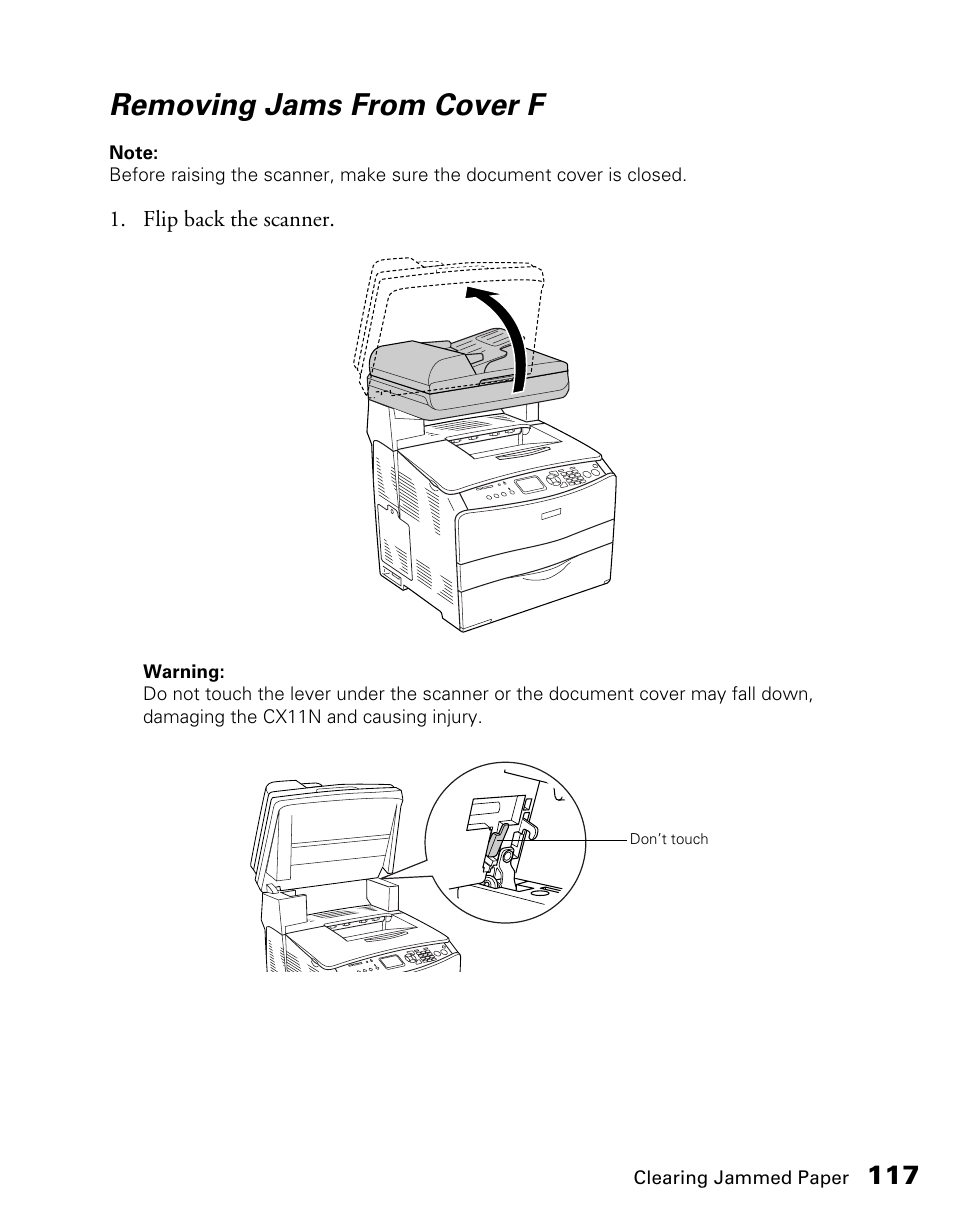 Removing jams from cover f | Epson CX11NF User Manual | Page 117 / 144