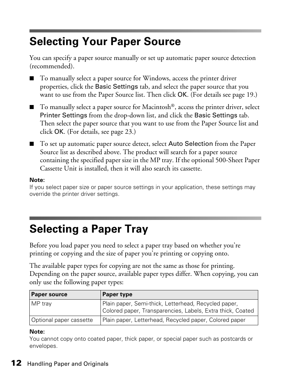 Selecting your paper source, Selecting a paper tray | Epson CX11NF User Manual | Page 12 / 144