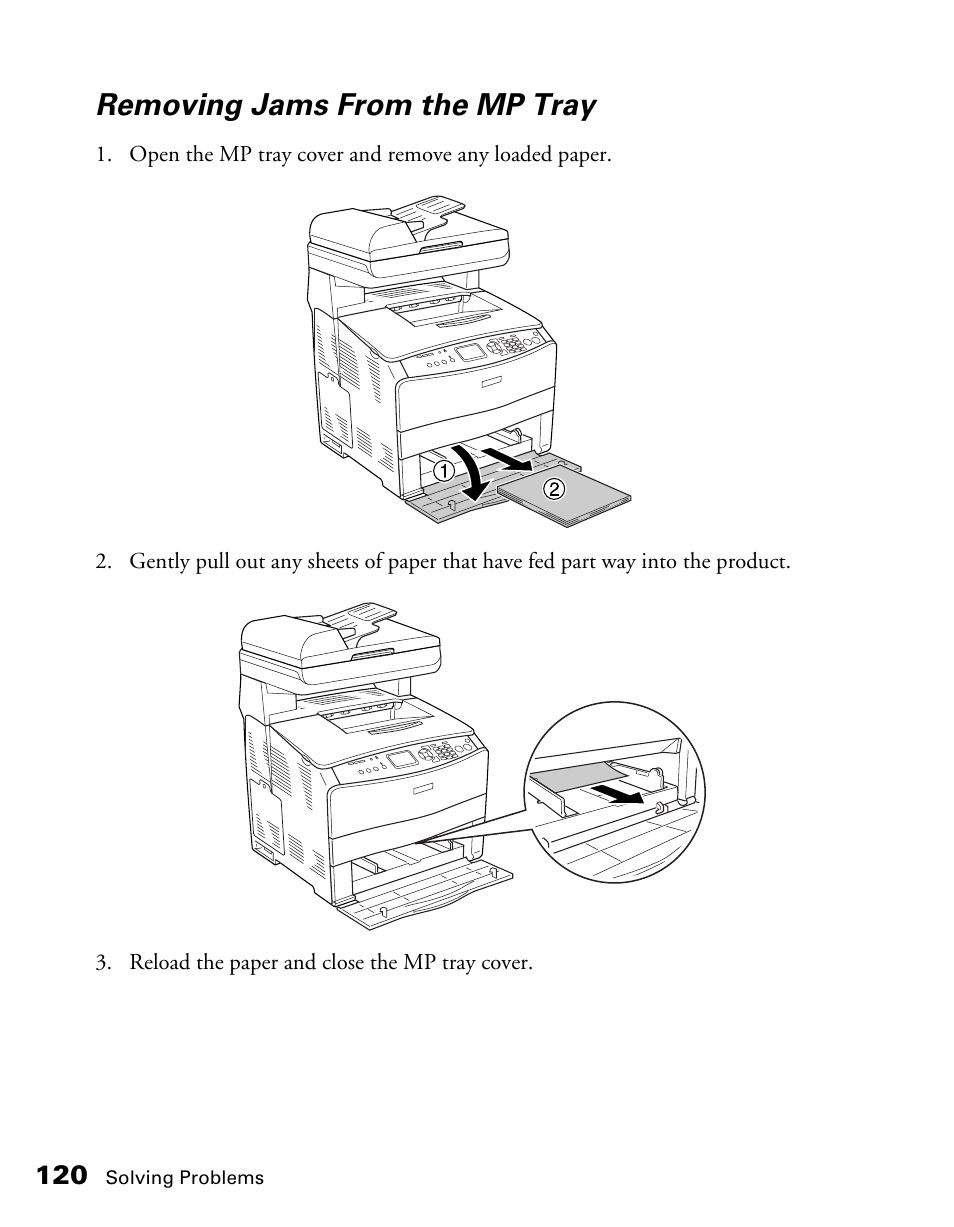 Removing jams from the mp tray | Epson CX11NF User Manual | Page 120 / 144