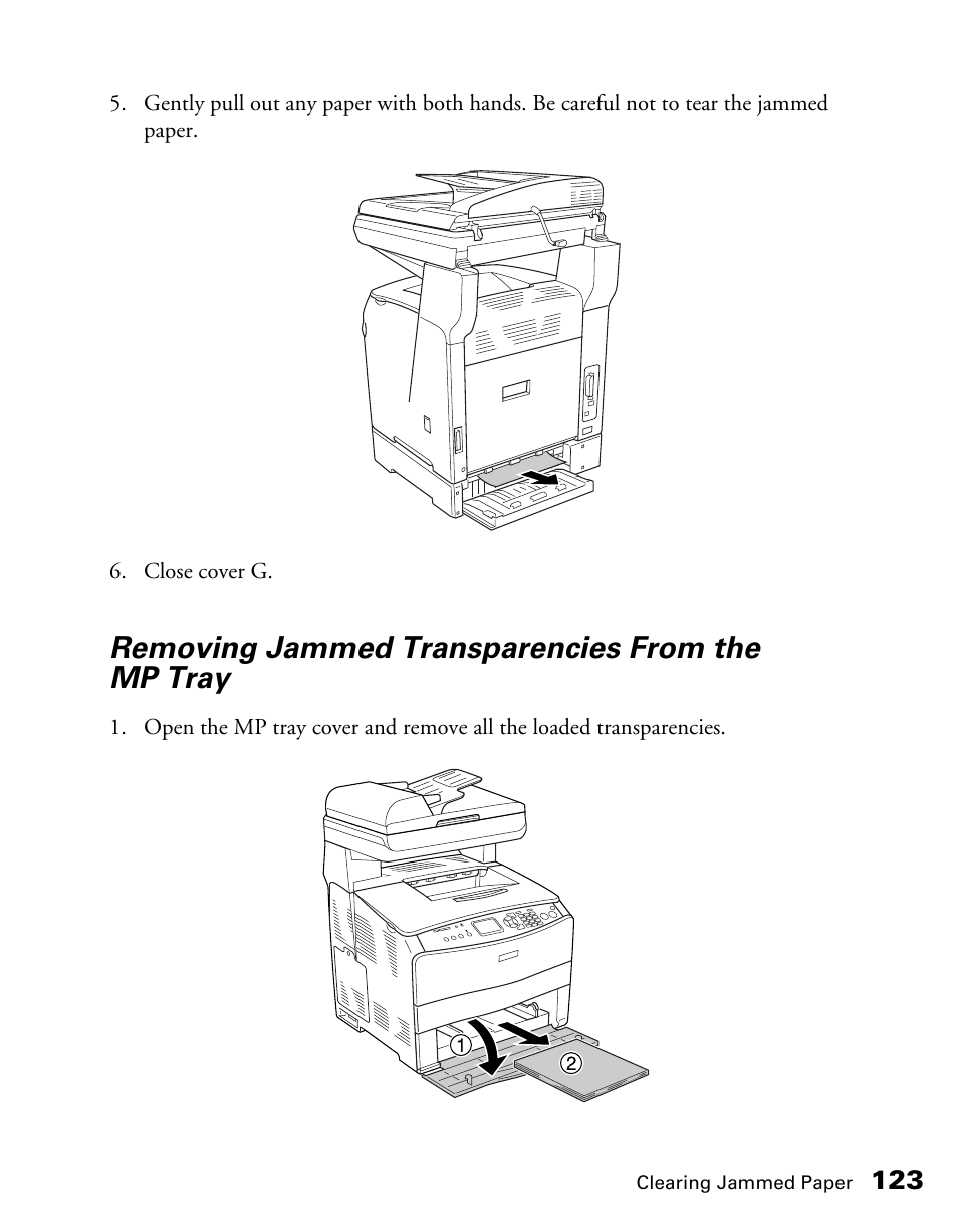 Removing jammed transparencies from the mp tray | Epson CX11NF User Manual | Page 123 / 144