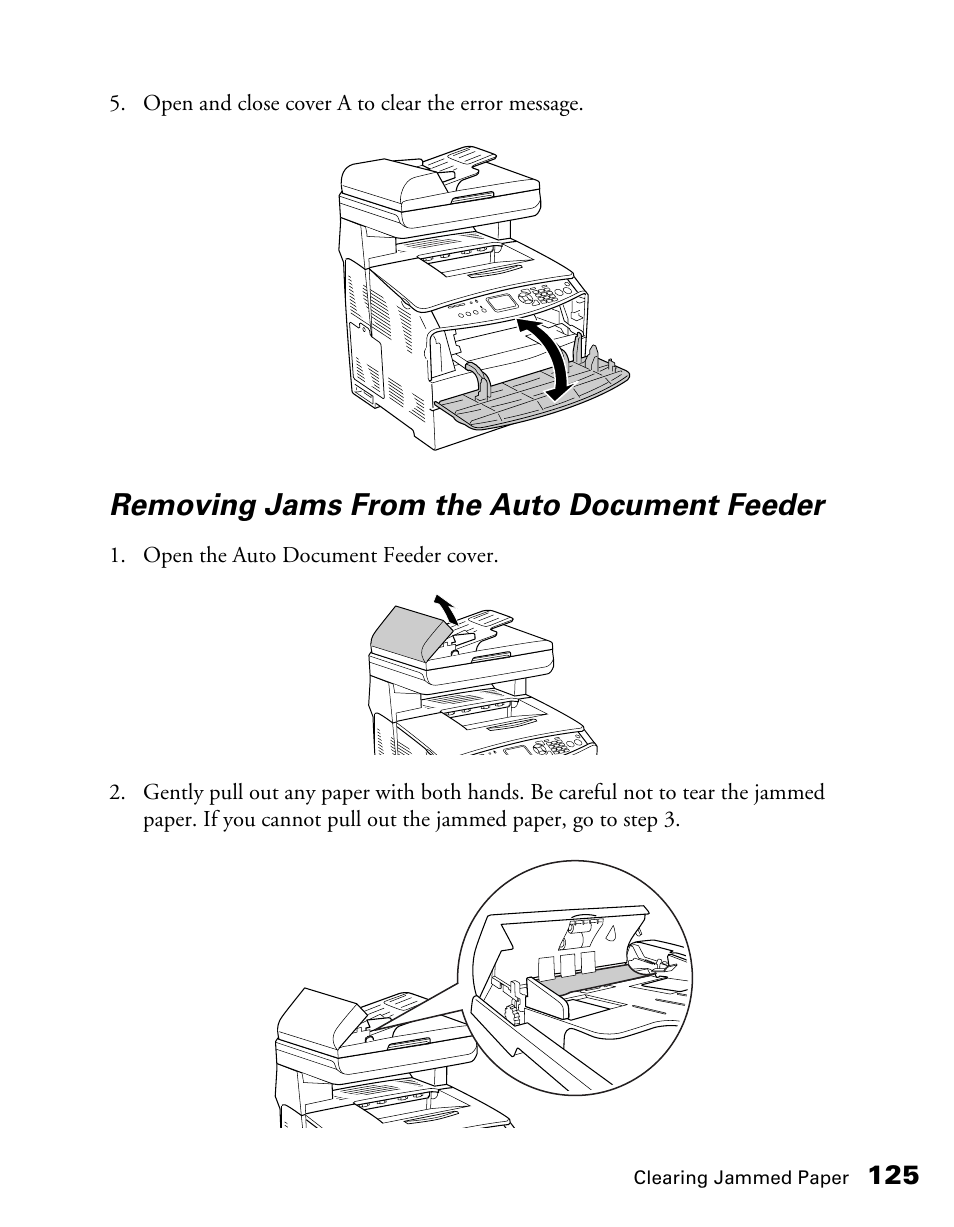 Removing jams from the auto document feeder | Epson CX11NF User Manual | Page 125 / 144