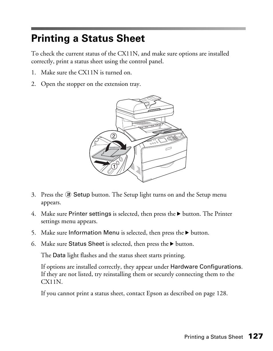 Printing a status sheet | Epson CX11NF User Manual | Page 127 / 144