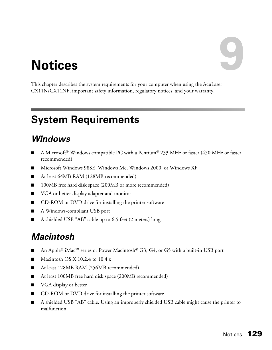 Notices, System requirements, Windows | Macintosh | Epson CX11NF User Manual | Page 129 / 144