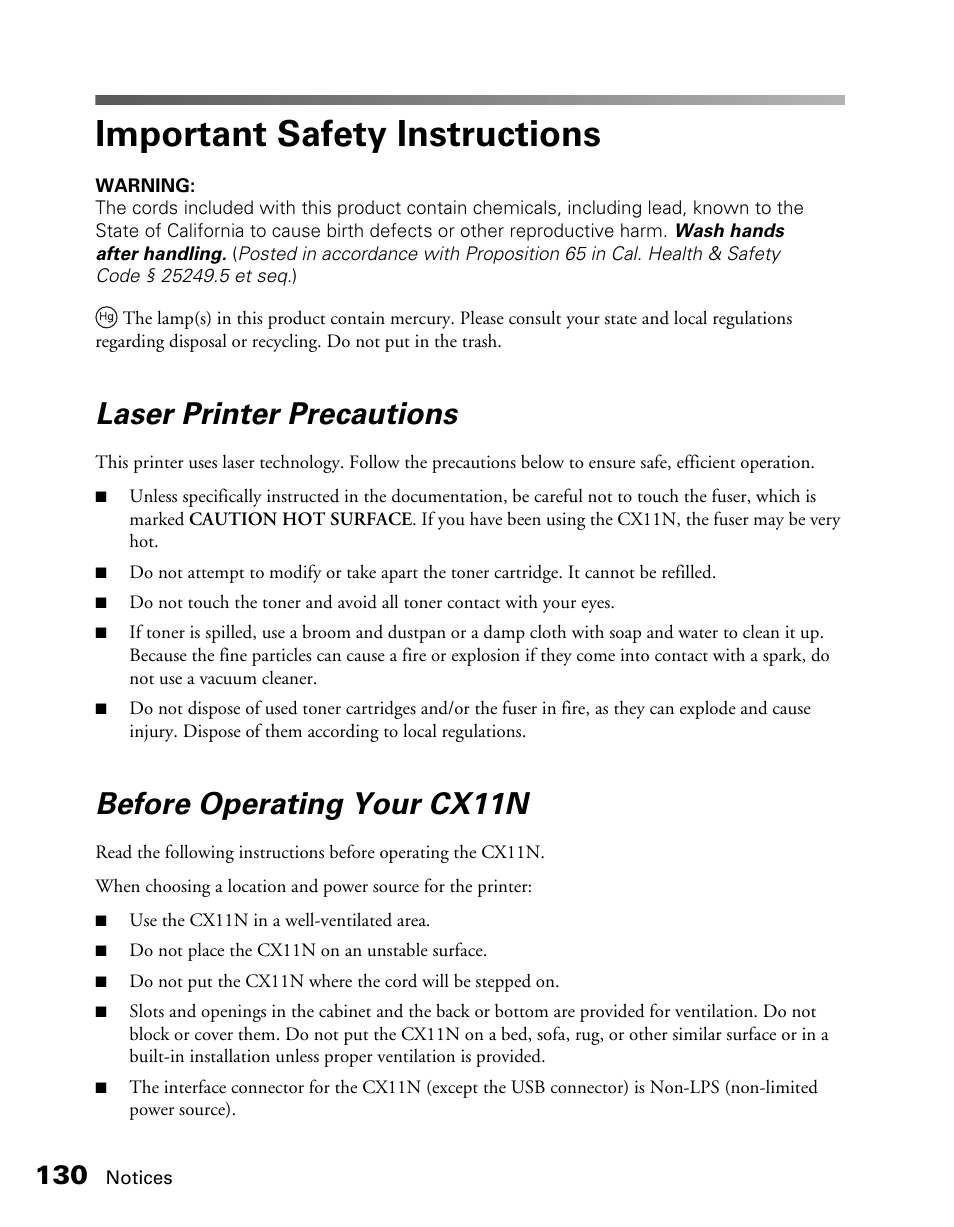 Important safety instructions, Laser printer precautions, Before operating your cx11n | Epson CX11NF User Manual | Page 130 / 144