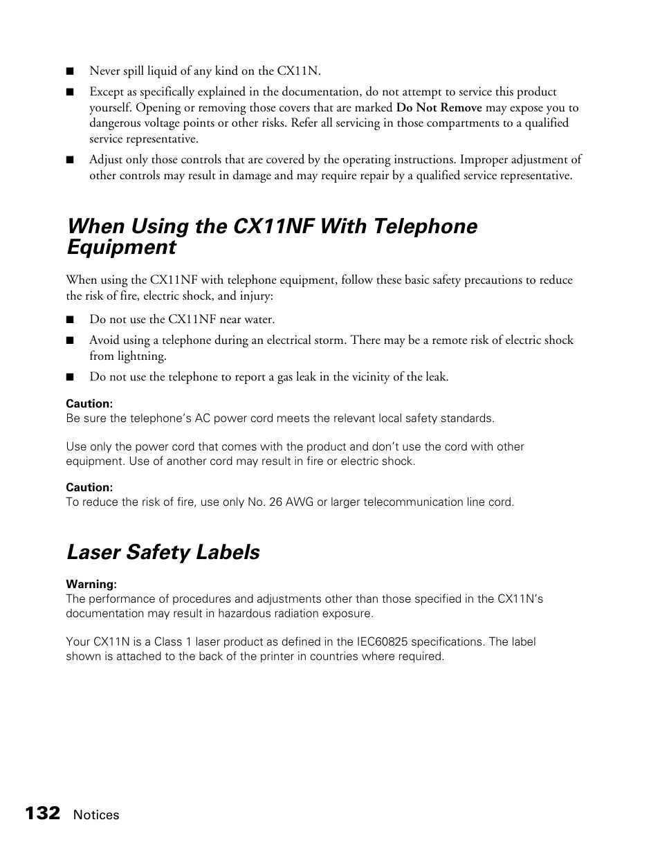 When using the cx11nf with telephone equipment, Laser safety labels | Epson CX11NF User Manual | Page 132 / 144