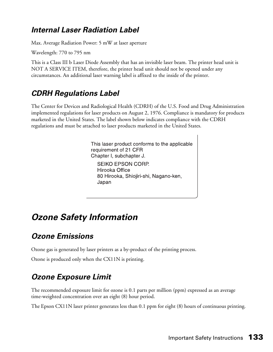 Ozone safety information, 133 internal laser radiation label, Cdrh regulations label | Ozone emissions, Ozone exposure limit | Epson CX11NF User Manual | Page 133 / 144