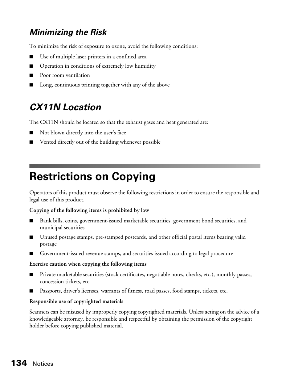 Cx11n location, Restrictions on copying, Minimizing the risk | Epson CX11NF User Manual | Page 134 / 144