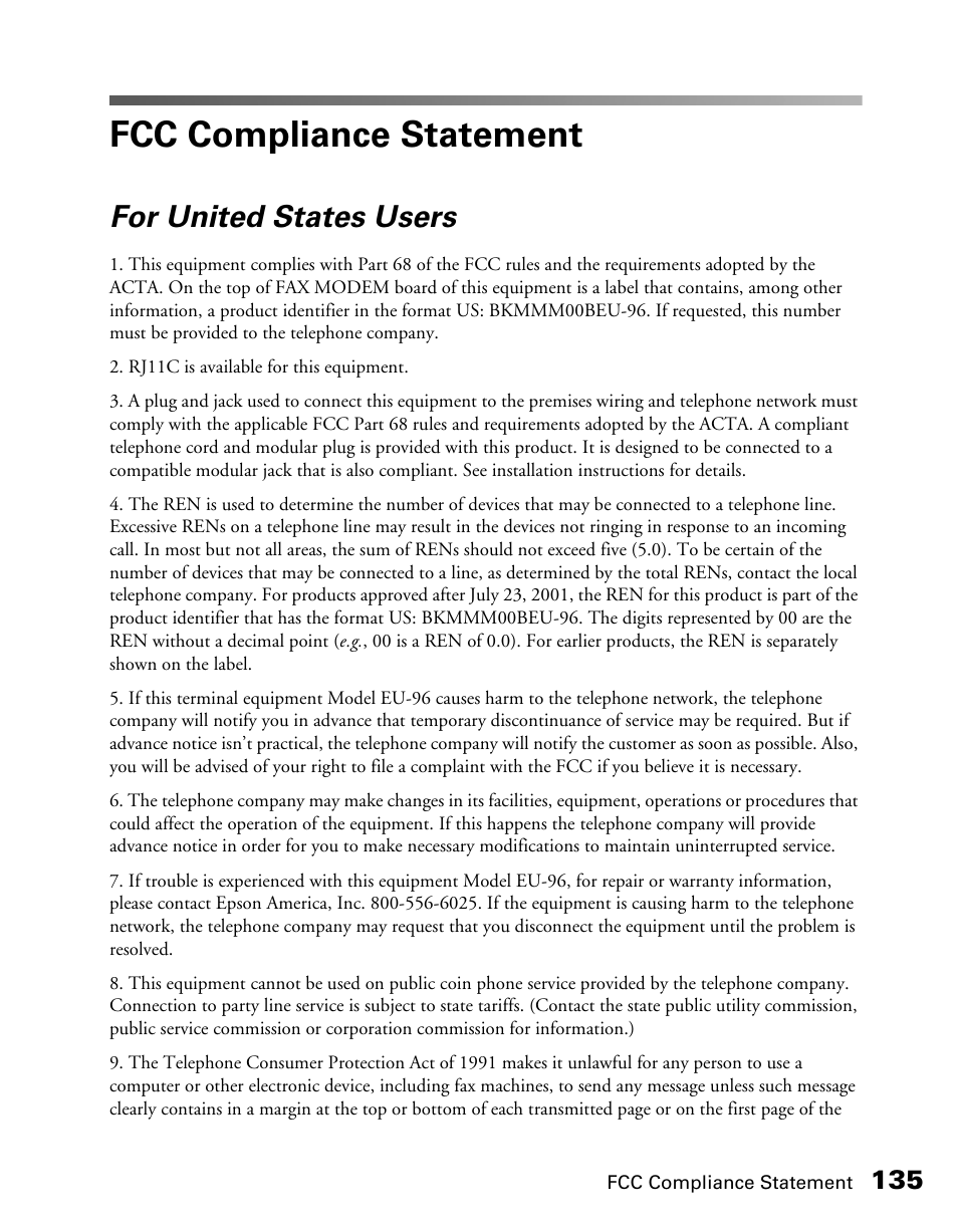 Fcc compliance statement, For united states users | Epson CX11NF User Manual | Page 135 / 144