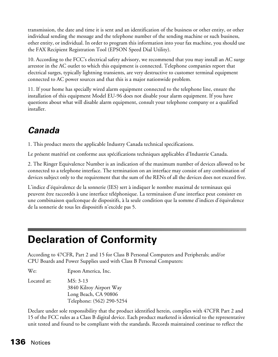 Canada, Declaration of conformity | Epson CX11NF User Manual | Page 136 / 144