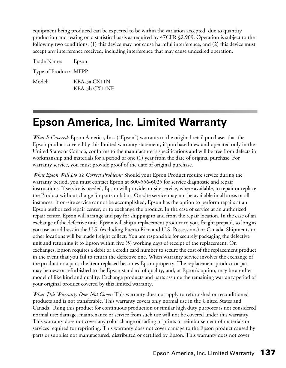 Epson america, inc. limited warranty, Warranty | Epson CX11NF User Manual | Page 137 / 144