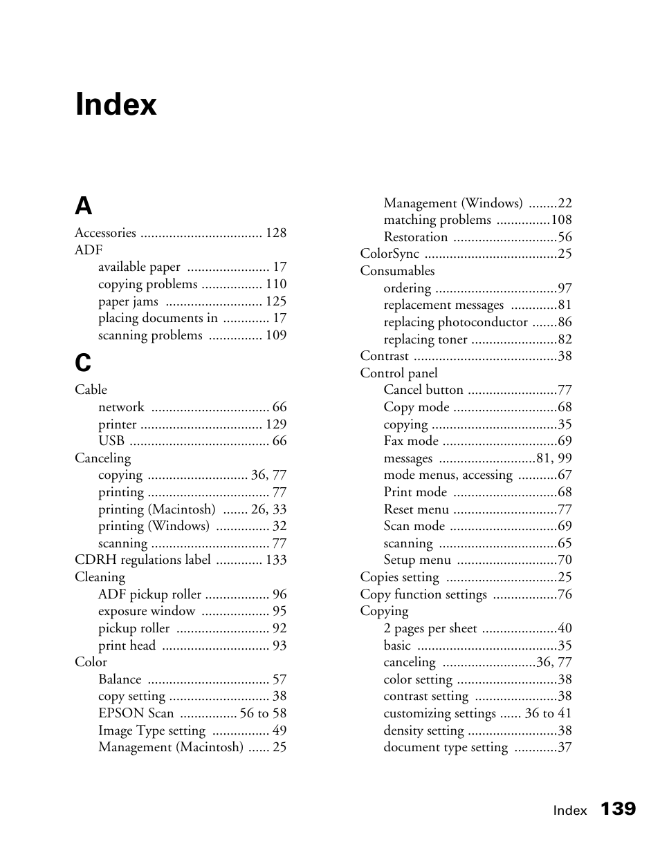 Index | Epson CX11NF User Manual | Page 139 / 144