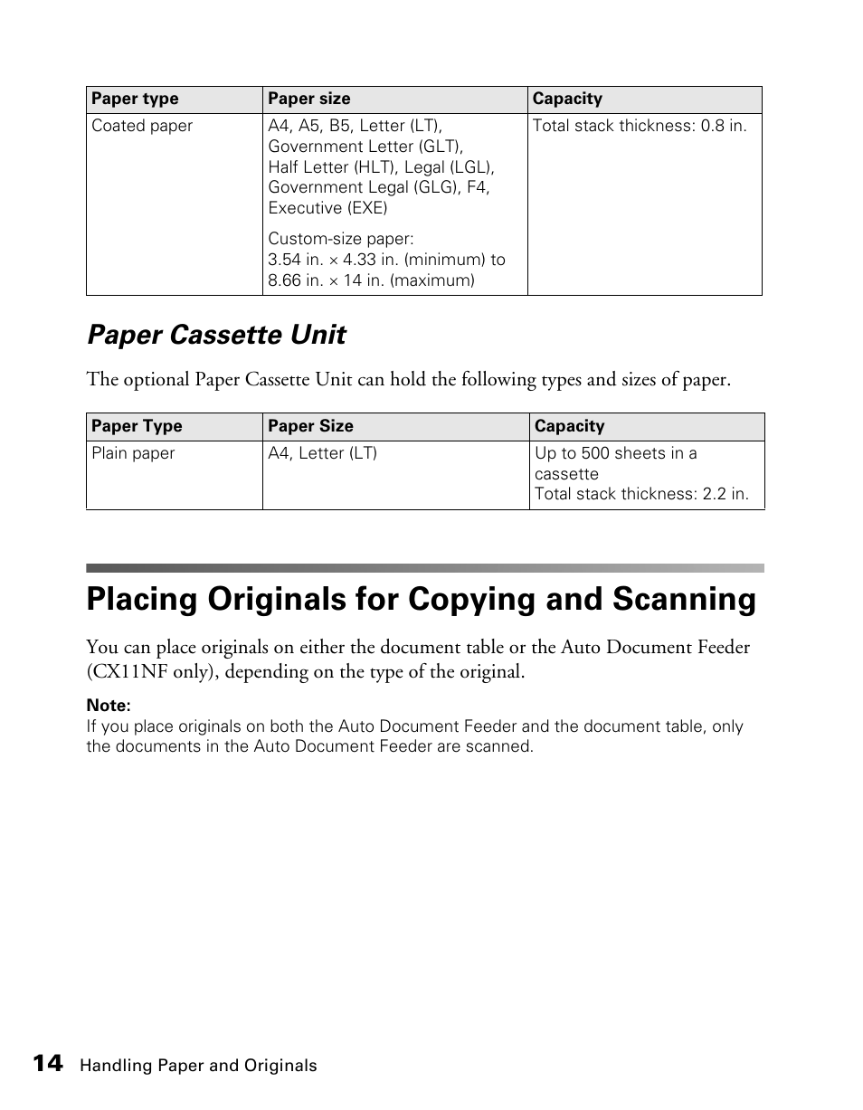 Paper cassette unit, Placing originals for copying and scanning | Epson CX11NF User Manual | Page 14 / 144