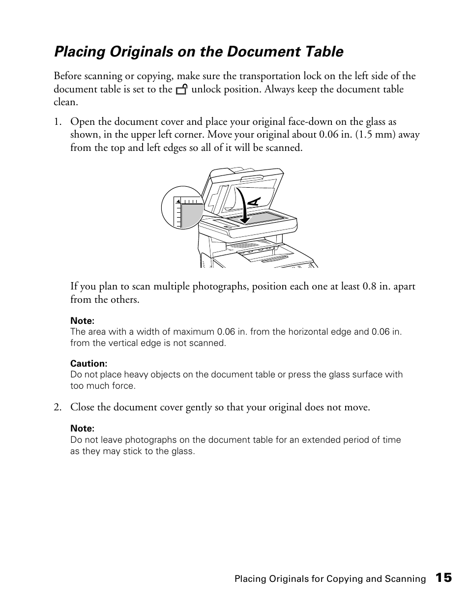 Placing originals on the document table | Epson CX11NF User Manual | Page 15 / 144