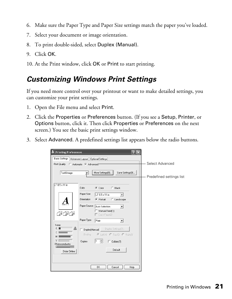 Customizing windows print settings | Epson CX11NF User Manual | Page 21 / 144