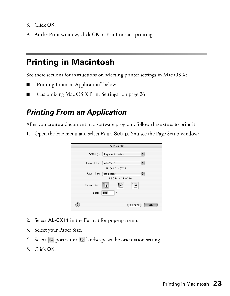 Printing in macintosh, Printing from an application | Epson CX11NF User Manual | Page 23 / 144