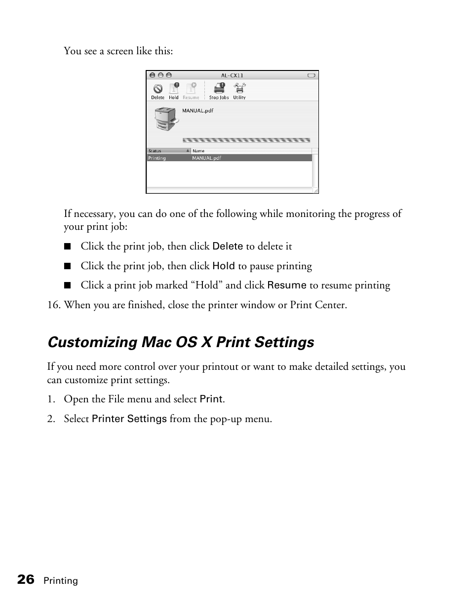 Customizing mac os x print settings | Epson CX11NF User Manual | Page 26 / 144