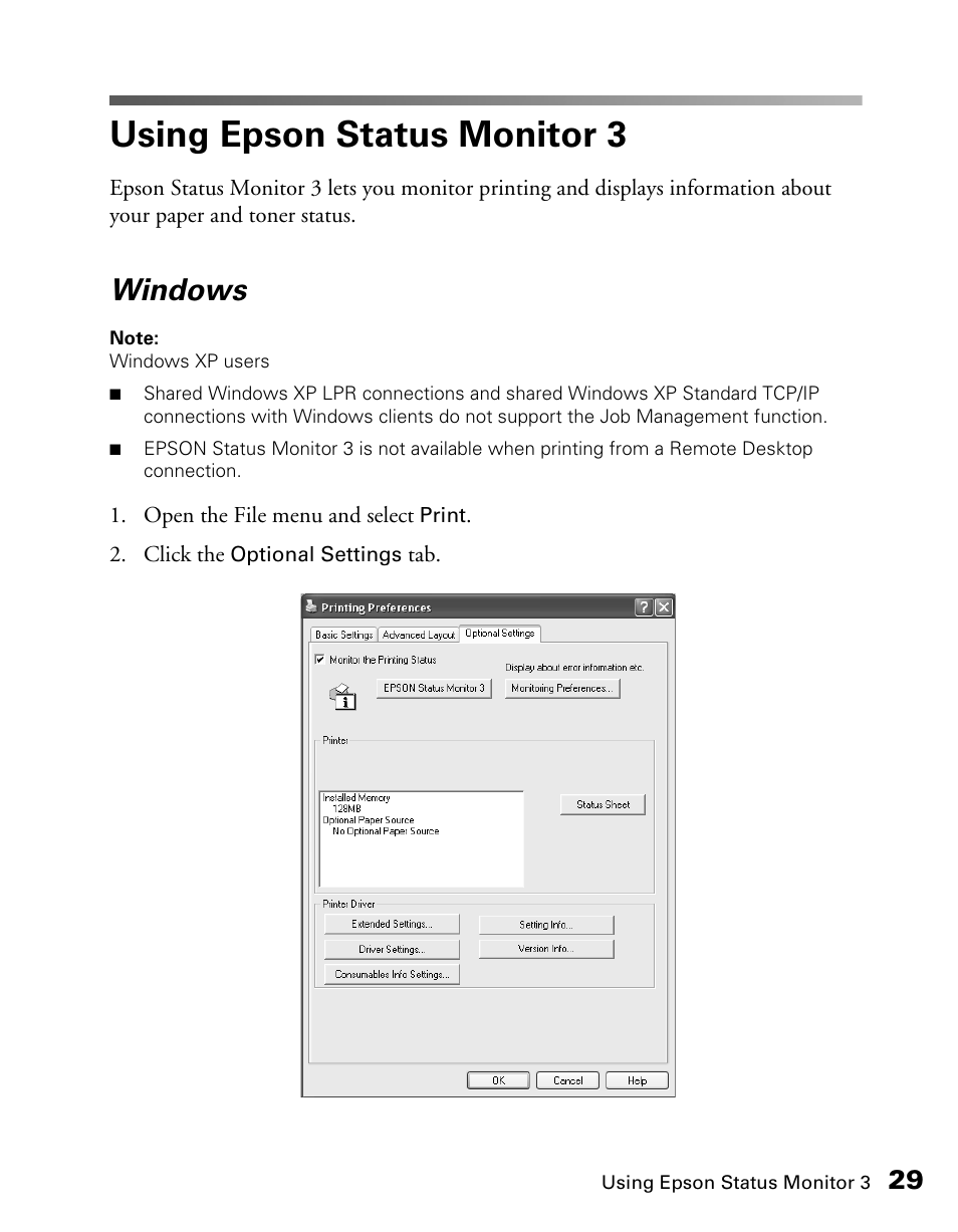 Using epson status monitor 3, Windows | Epson CX11NF User Manual | Page 29 / 144