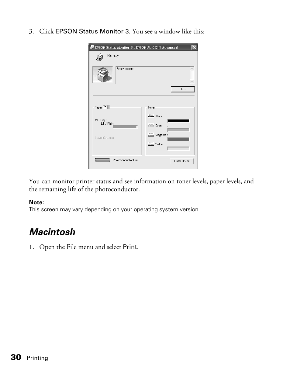 Macintosh | Epson CX11NF User Manual | Page 30 / 144