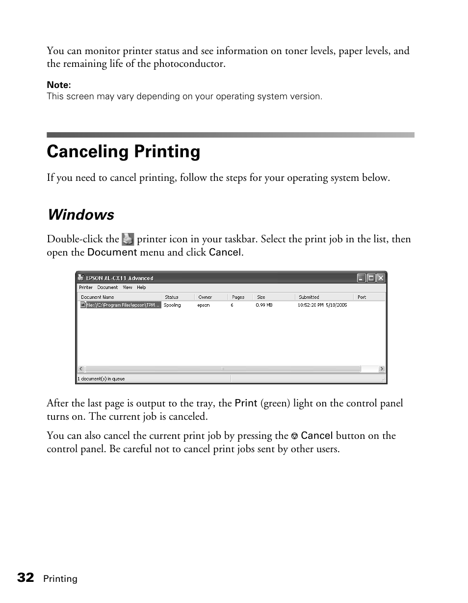 Canceling printing, Windows | Epson CX11NF User Manual | Page 32 / 144