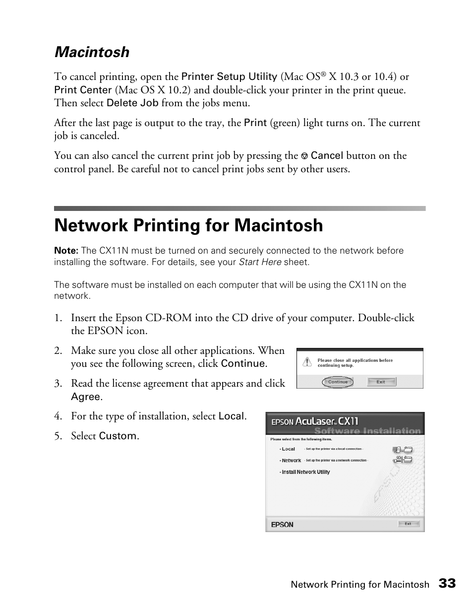 Macintosh, Network printing for macintosh | Epson CX11NF User Manual | Page 33 / 144