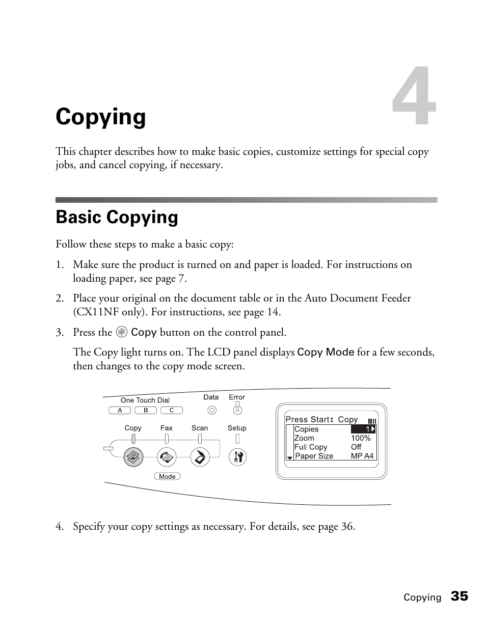 Copying, Basic copying | Epson CX11NF User Manual | Page 35 / 144