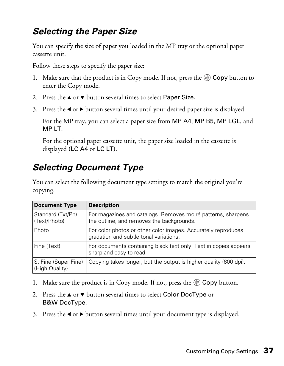 Selecting the paper size, Selecting document type | Epson CX11NF User Manual | Page 37 / 144