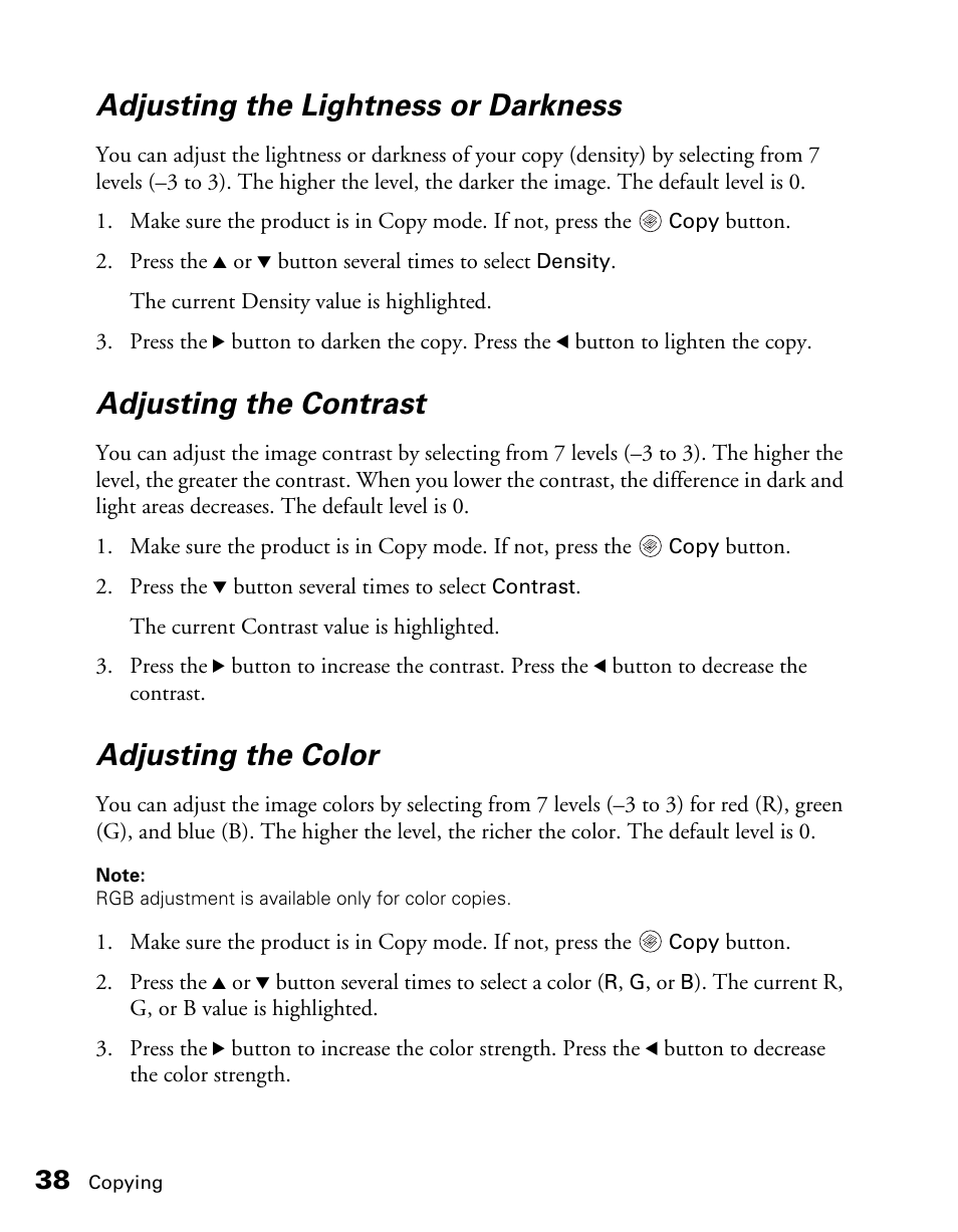 Adjusting the lightness or darkness, Adjusting the contrast, Adjusting the color | Epson CX11NF User Manual | Page 38 / 144