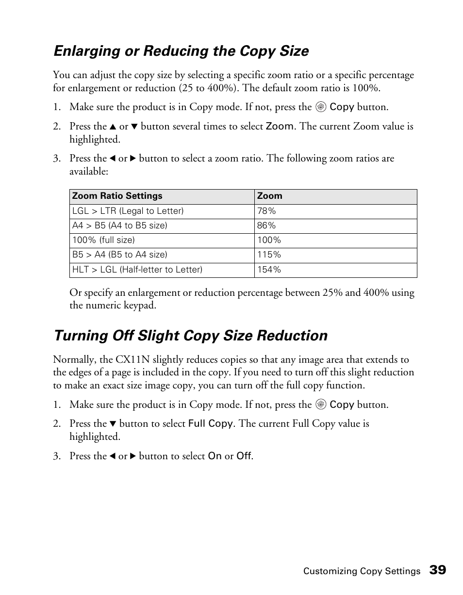 Enlarging or reducing the copy size, Turning off slight copy size reduction | Epson CX11NF User Manual | Page 39 / 144