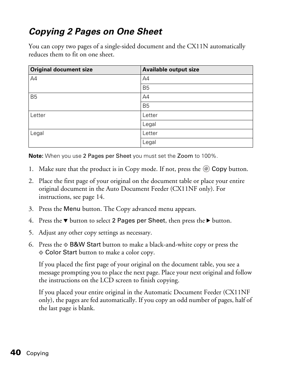 Copying 2 pages on one sheet | Epson CX11NF User Manual | Page 40 / 144