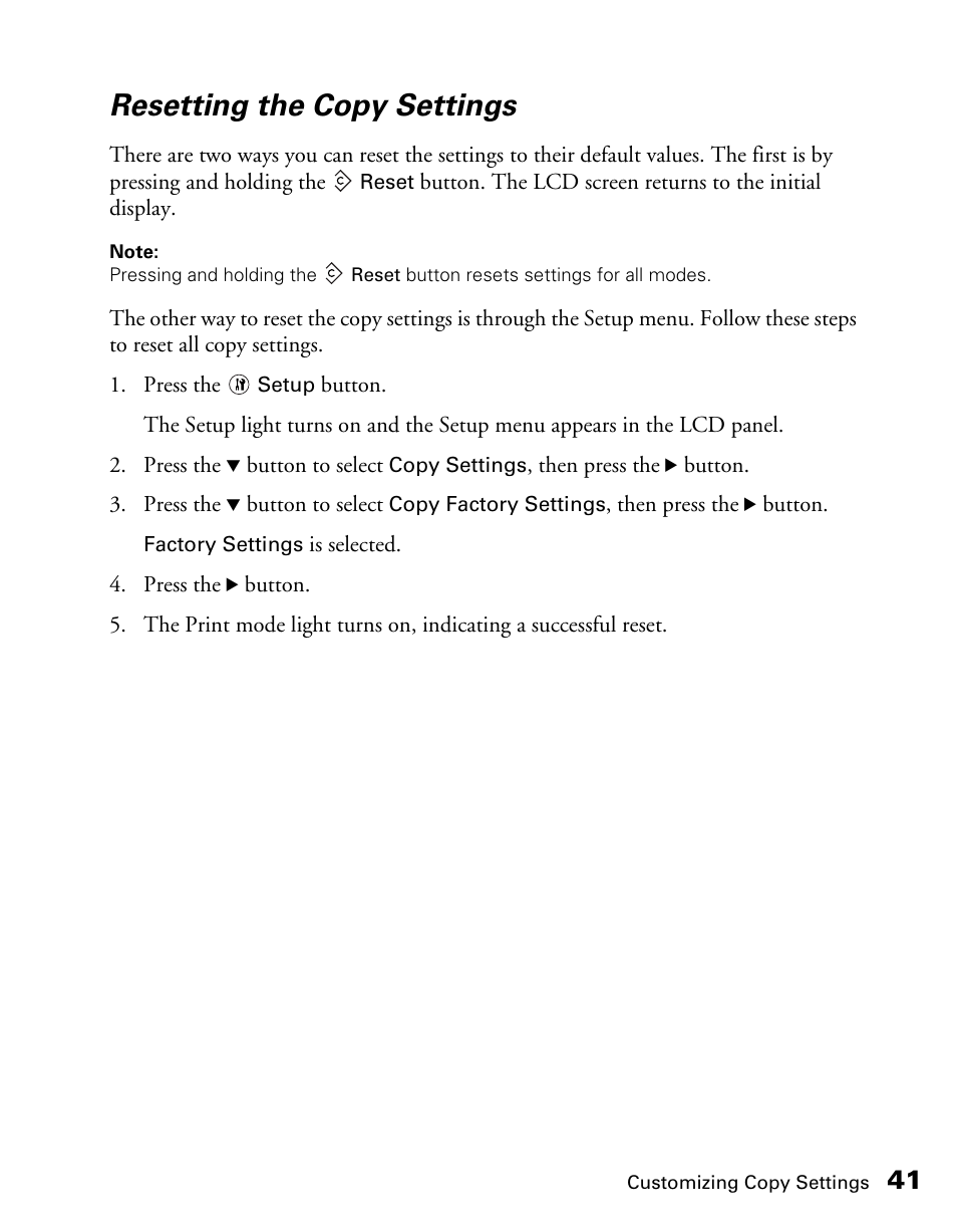 Resetting the copy settings | Epson CX11NF User Manual | Page 41 / 144