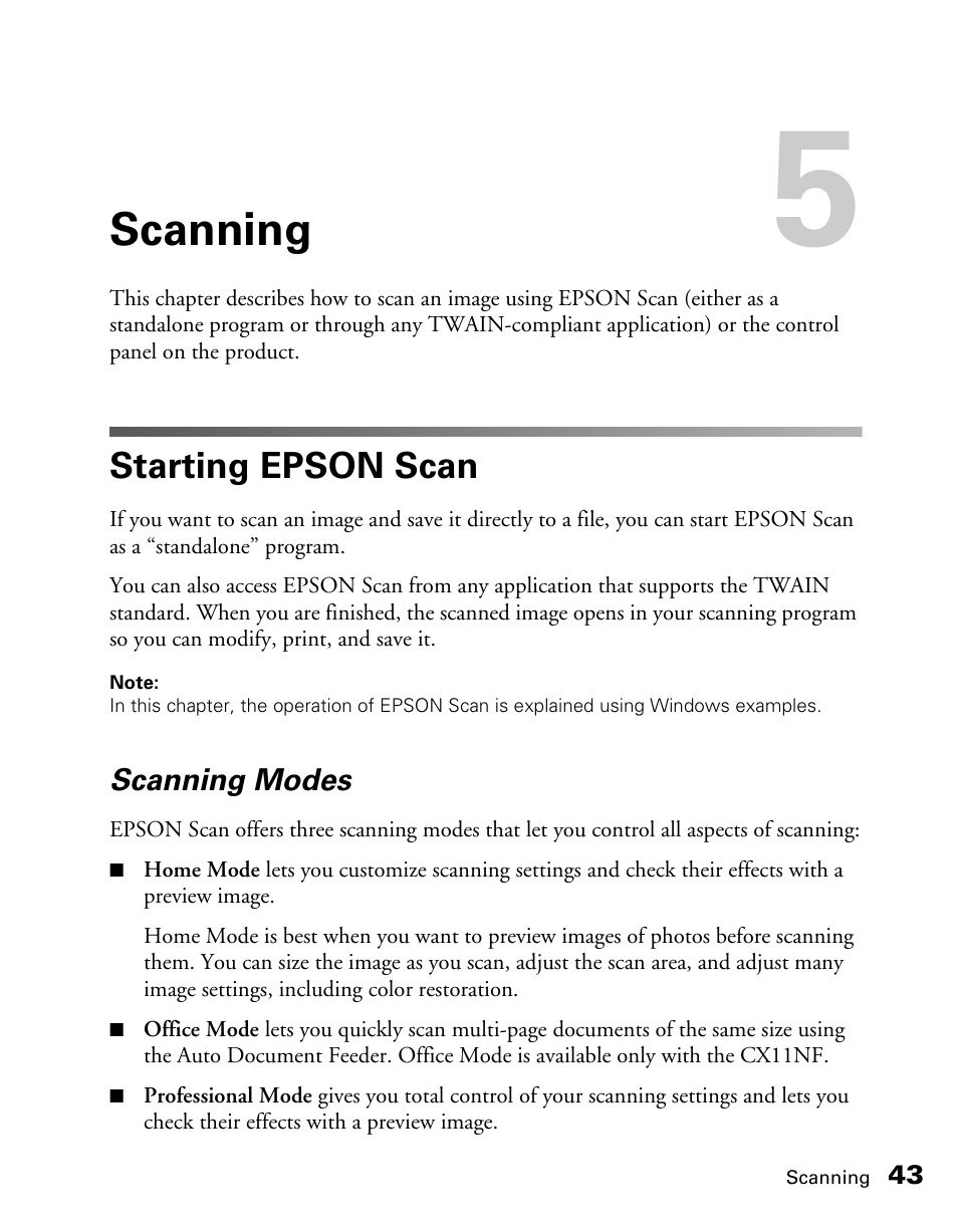 Scanning, Starting epson scan, Scanning modes | Epson CX11NF User Manual | Page 43 / 144