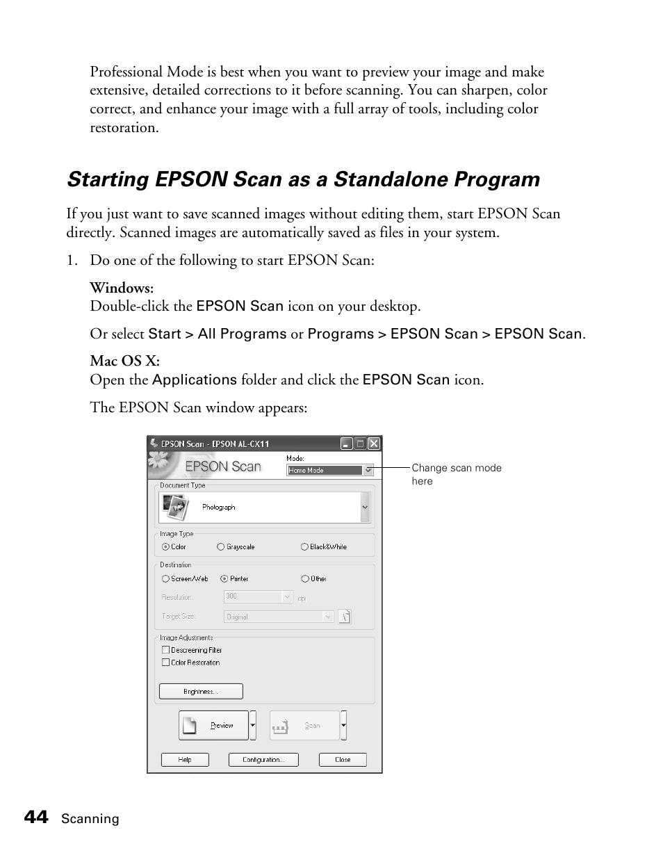 Starting epson scan as a standalone program | Epson CX11NF User Manual | Page 44 / 144