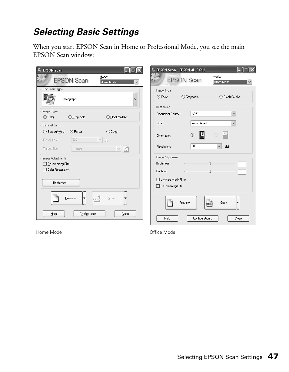 Selecting basic settings | Epson CX11NF User Manual | Page 47 / 144