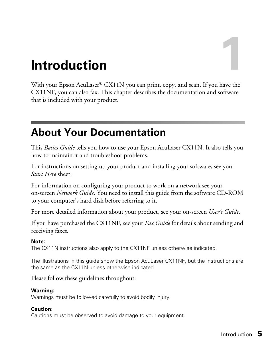 Introduction, About your documentation | Epson CX11NF User Manual | Page 5 / 144