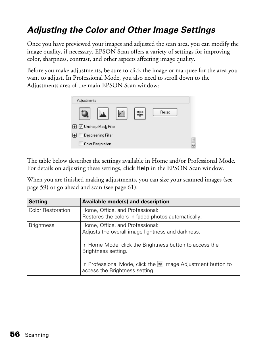 Adjusting the color and other image settings | Epson CX11NF User Manual | Page 56 / 144