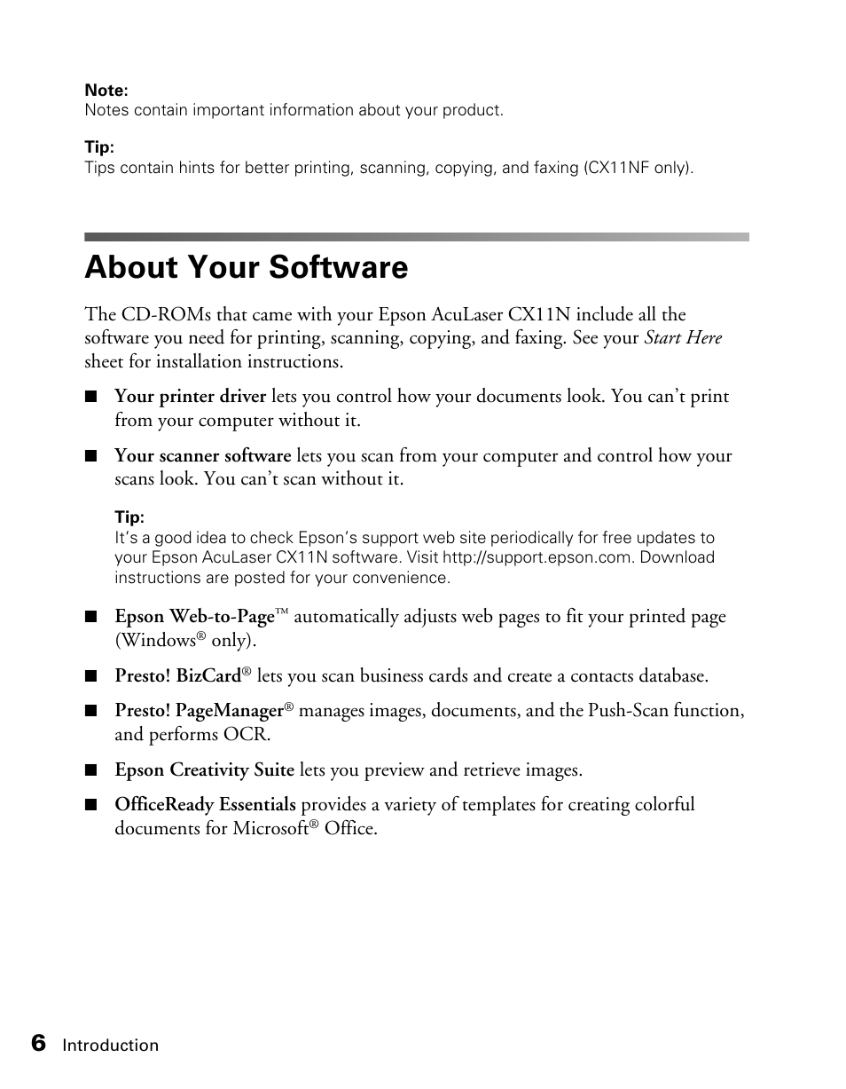 About your software | Epson CX11NF User Manual | Page 6 / 144