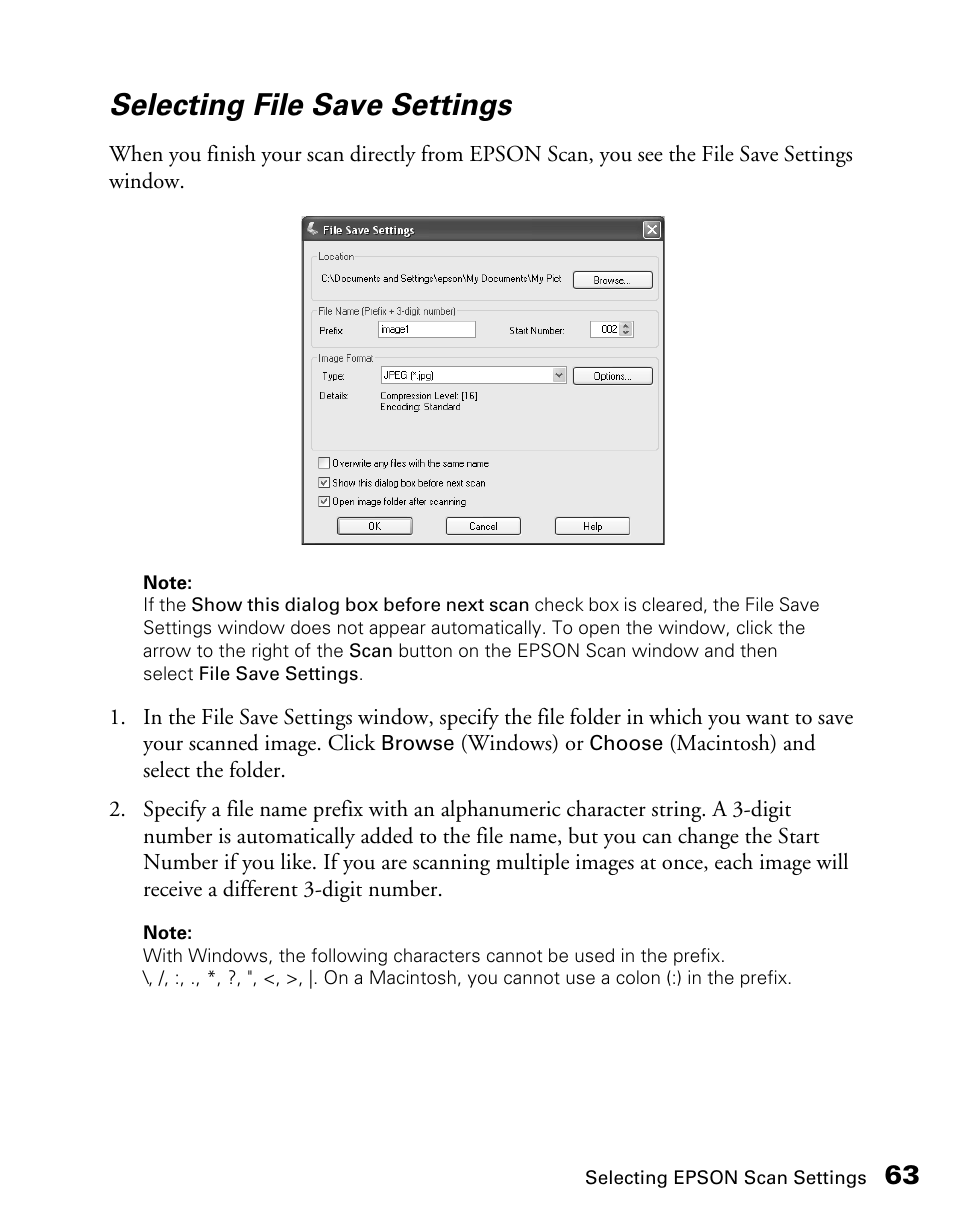 Selecting file save settings | Epson CX11NF User Manual | Page 63 / 144