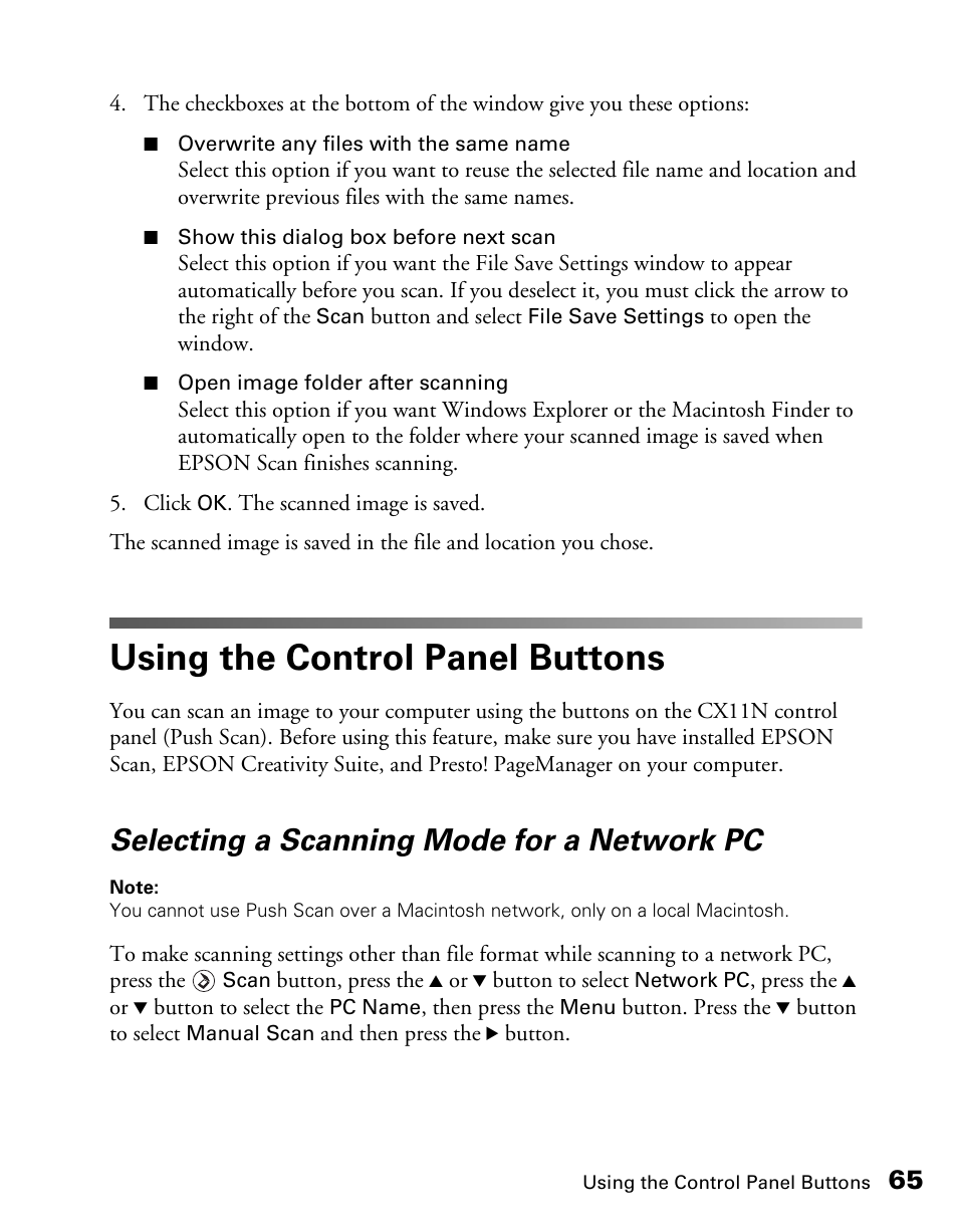 Using the control panel buttons, Selecting a scanning mode for a network pc | Epson CX11NF User Manual | Page 65 / 144