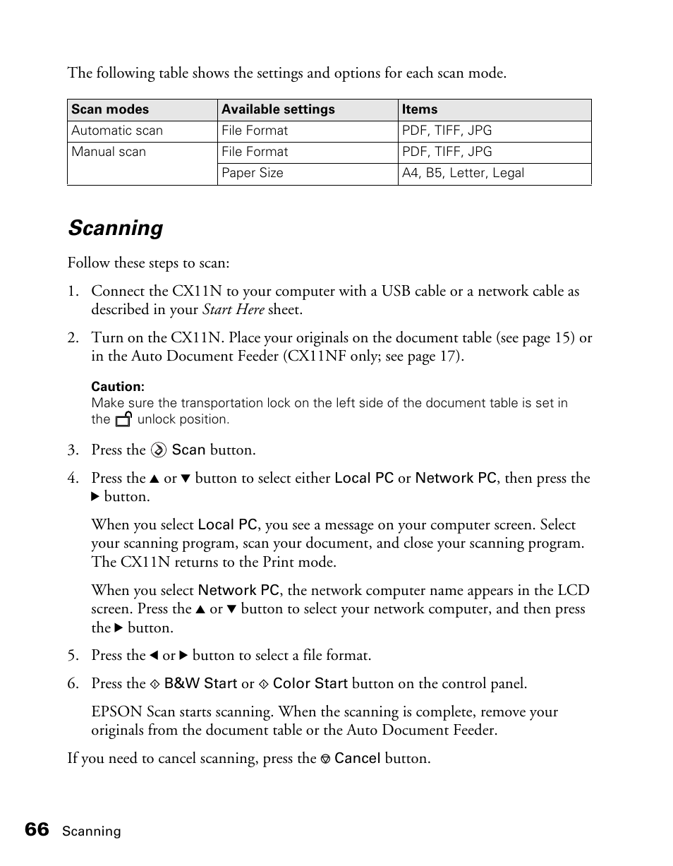 Scanning | Epson CX11NF User Manual | Page 66 / 144