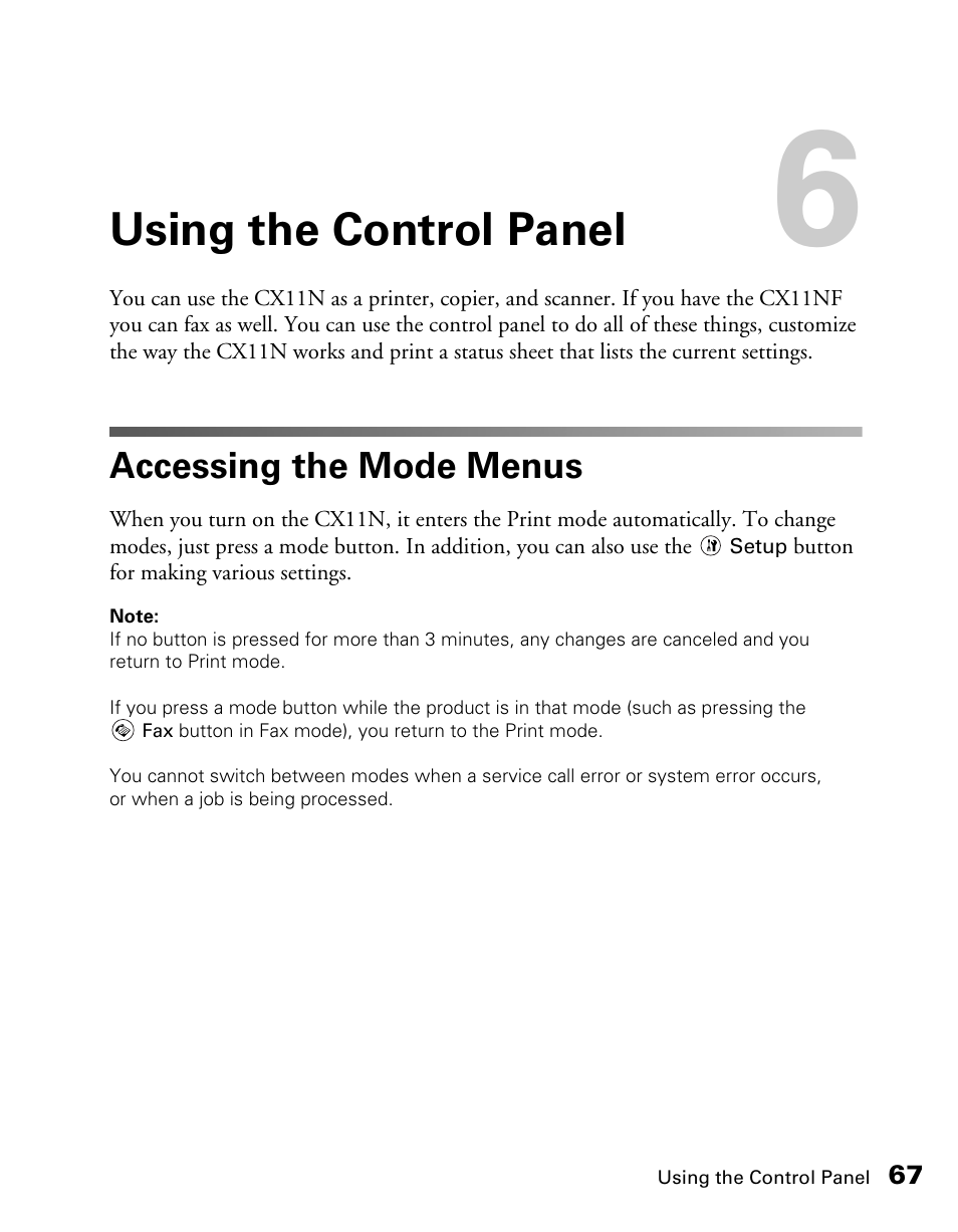 Using the control panel, Accessing the mode menus | Epson CX11NF User Manual | Page 67 / 144