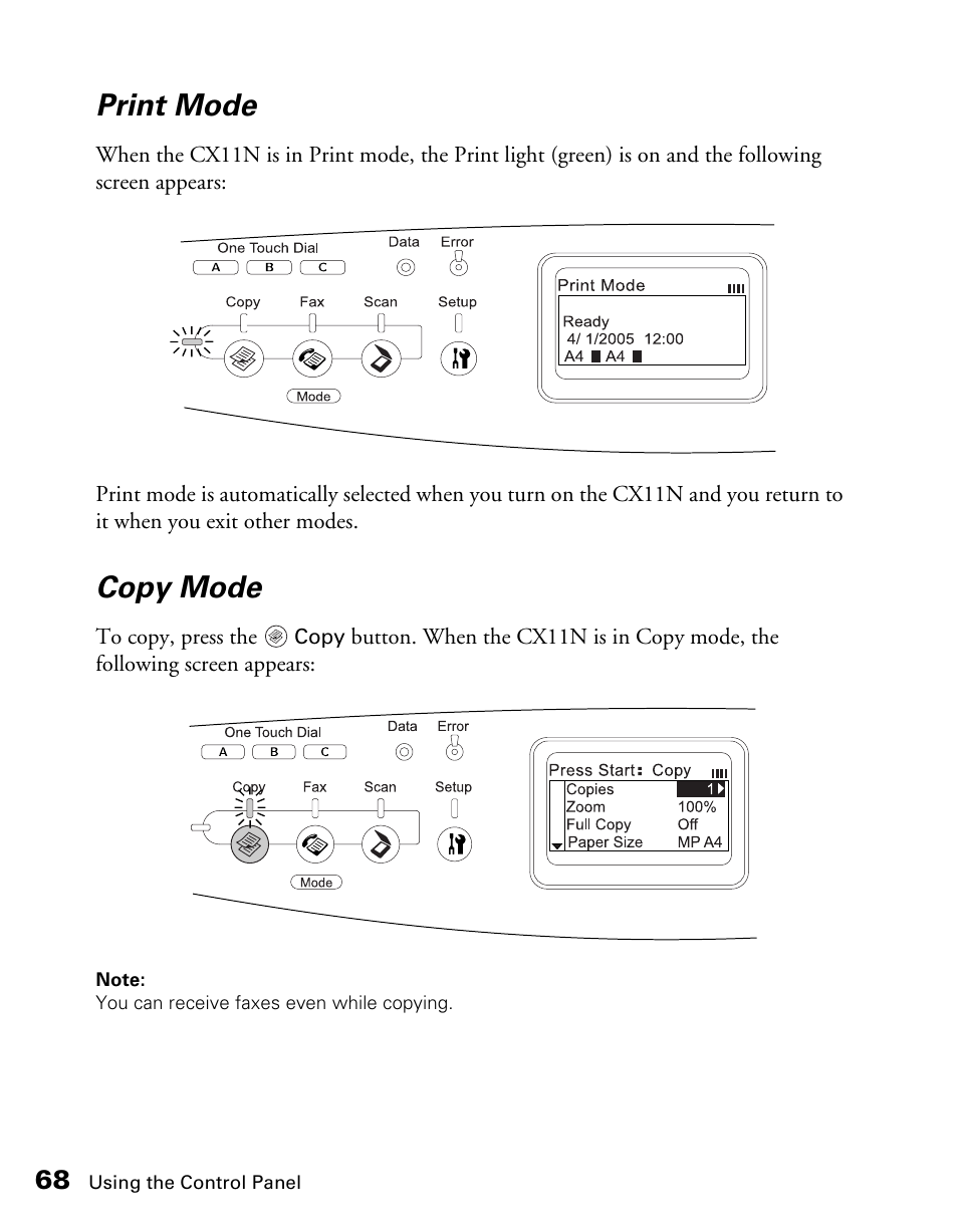 Print mode, Copy mode | Epson CX11NF User Manual | Page 68 / 144