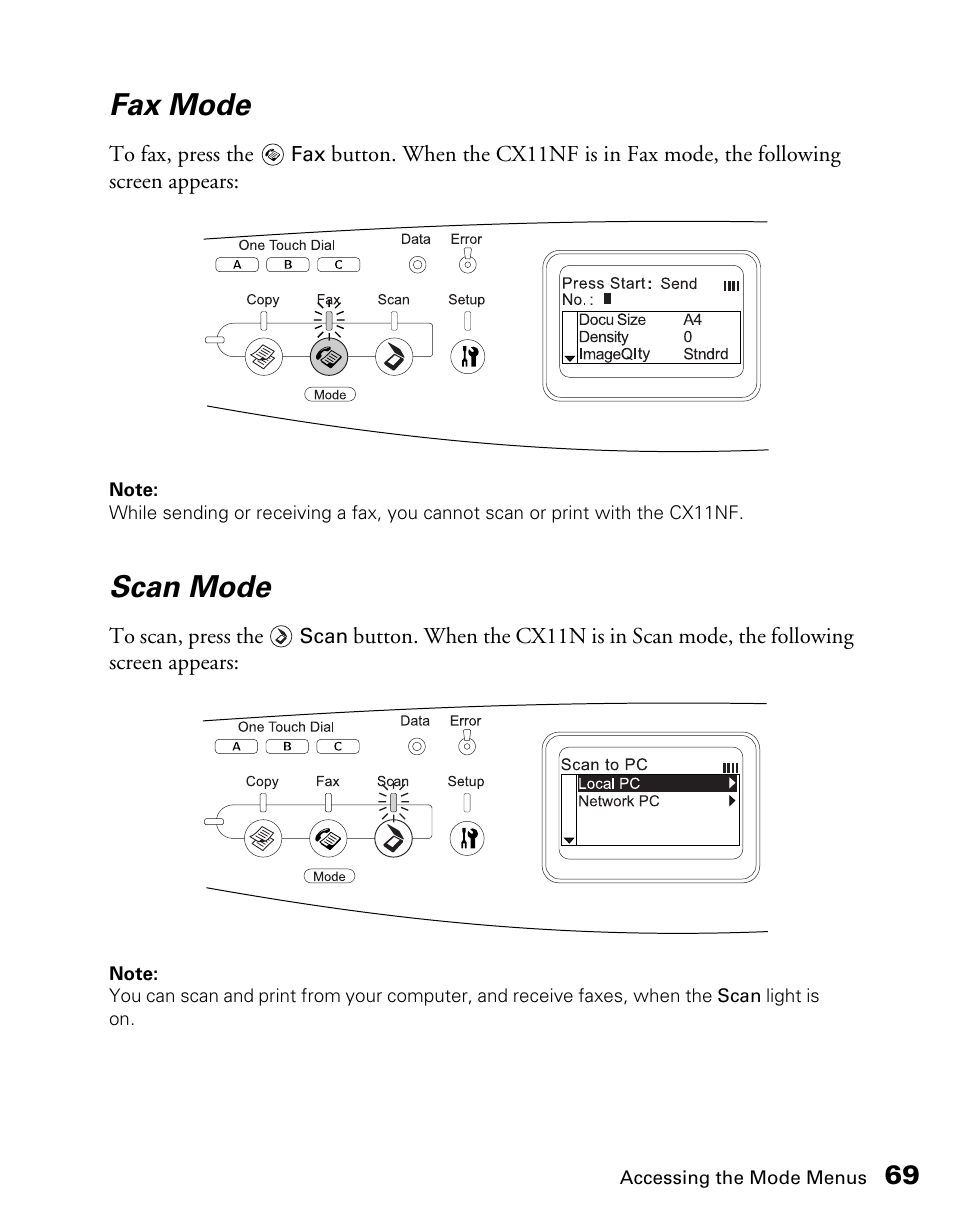 Fax mode, Scan mode | Epson CX11NF User Manual | Page 69 / 144