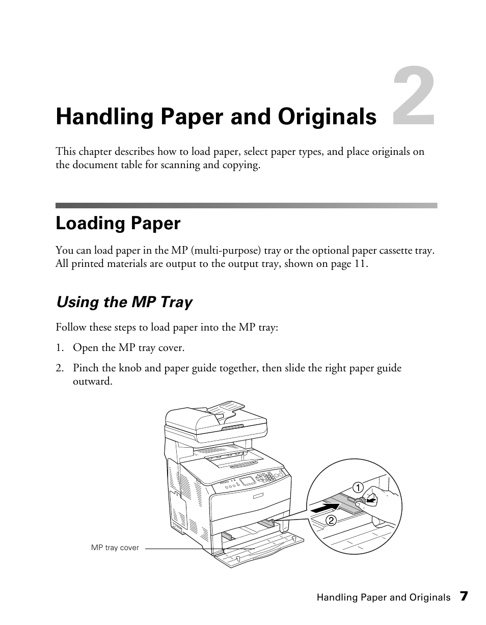 Handling paper and originals, Loading paper, Using the mp tray | Epson CX11NF User Manual | Page 7 / 144